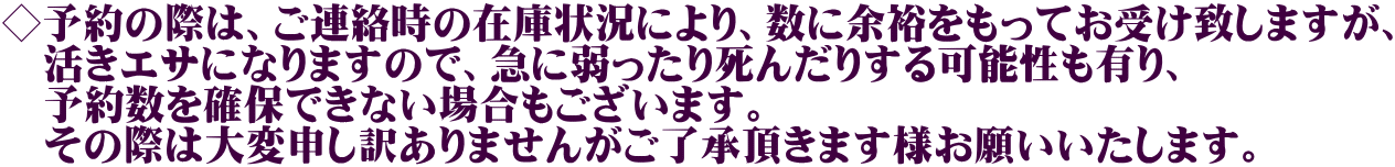 ◇予約の際は、ご連絡時の在庫状況により、数に余裕をもってお受け致しますが、 　活きエサになりますので、急に弱ったり死んだりする可能性も有り、 　予約数を確保できない場合もございます。 　その際は大変申し訳ありませんがご了承頂きます様お願いいたします。